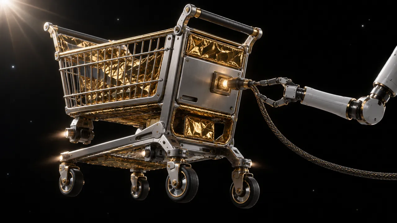 A shopping cart built like spacecraft hardware, with a robotic gripper reconnecting its data cable