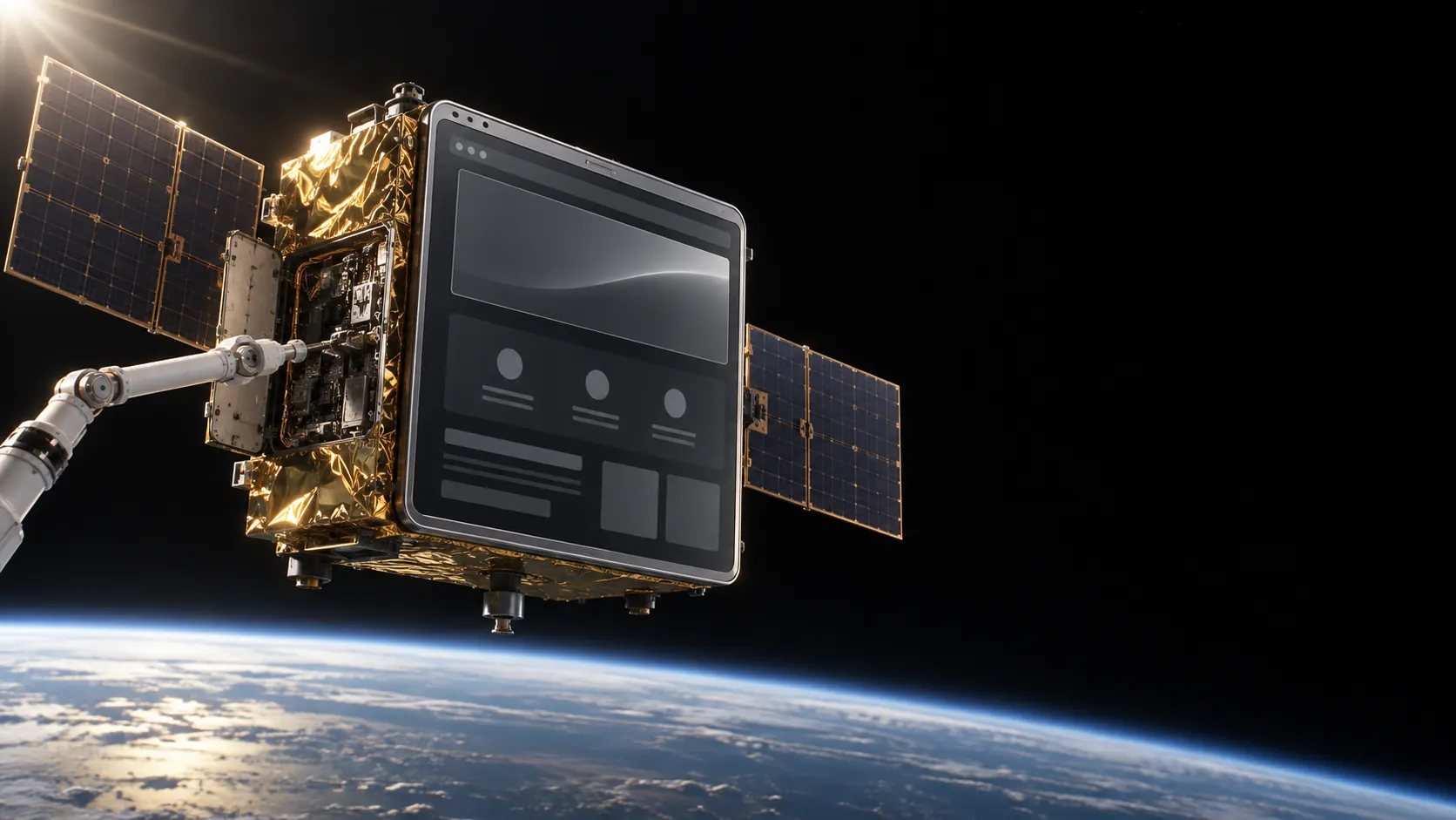 A website built like a satellite, being serviced by a robotic arm above Earth