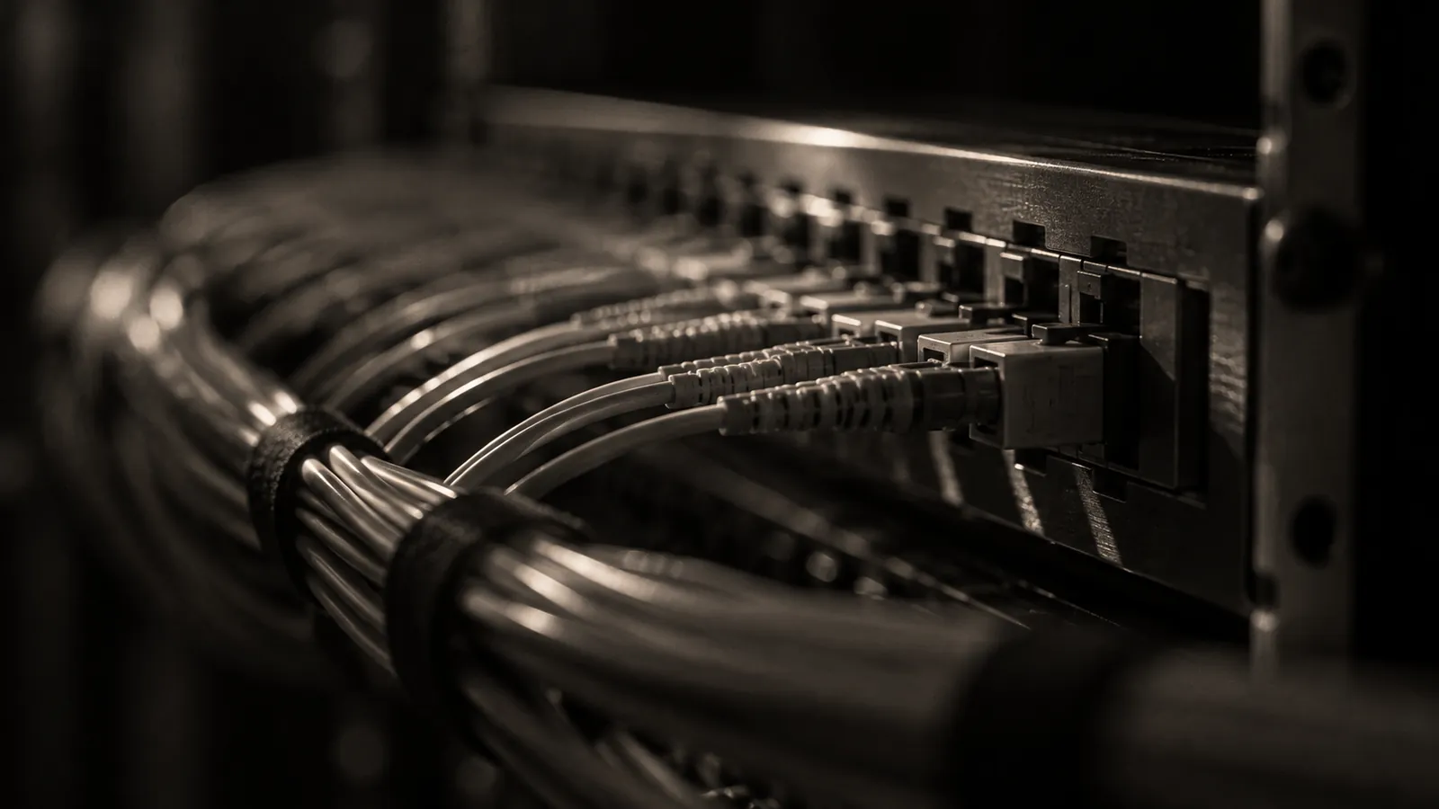 Macro photograph of fiber optic cables plugged into a steel patch panel