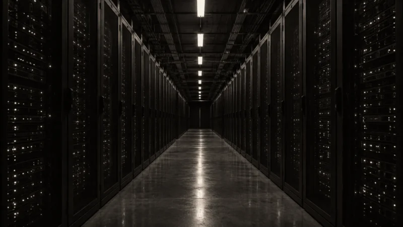 Symmetrical corridor between server racks in a data hall, in black and white